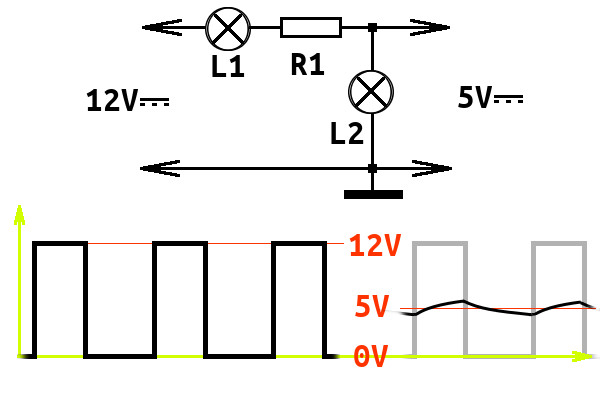 Электрическая принципиальная делителя напряжения и<br>временнОй график для преобразователя напряжения скважностью импульсов.